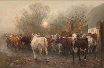 Driving Cows out of the Cowhouse, 1885. Creator: Otto Bache.