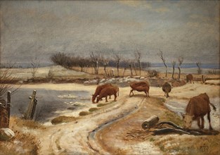 Watering the Cattle on a Winter's Day, 1848. Creator: Johan Thomas Lundbye.
