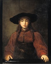 A Young Woman Resting her Hands on the Picture Frame, 1641. Creator: Workshop of Rembrandt.