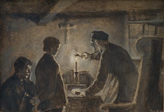 Pastor Sören blows out the candle on the New Year's Eve, 1898-1902. Creator: Hans Smidth.