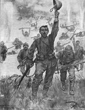 'Le passage a gue de l'Isonzo par l'infanterie Italienne', 1916. Creator: J Simont.