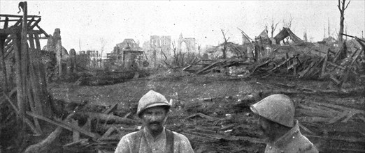 'La pris de Clery-sur-Somme (3 septembre); Clery et son eglise dans les brouillards de matin', 1916. Creator: Unknown.