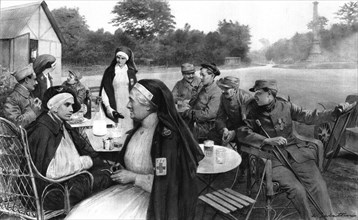 'La promenade des blesses; Un verre de biere ou de lait au carrefour de la Croix de Noailles', 1916 Creator: Unknown.