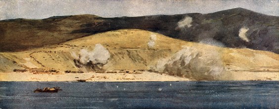 'La baie de Suvla et les Falaises d'Anzac; Eclatements d'obus turcs de gros calibre', 1915 (1916). Creator: Norman Wilkinson.