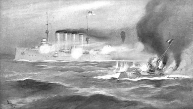 Le combat inegal du corsaire allemand "Emden" et du torpilleur francais "Mousquet"', 1914. Creator: Unknown.