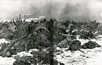 'Sur le front de Pologne; une charge des Cosaques de l'oural, sur une batterie allemande', 1914. Creator: J Simont.