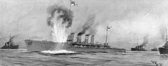 ''La surveillance de la mer; l''Amphion' touchait une mine et coulait en quelques instants', 1914. Creator: Henri Rudaux.