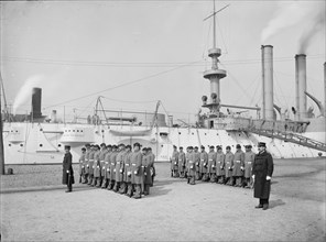 U.S.S. Brooklyn, Marine guard, company drill by sections, between 1896 and 1901. Creator: Edward H Hart.