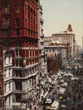 Looking up Broadway from Dey Street, New York City, ca 1900. Creator: Unknown.