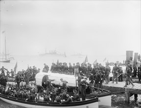 U.S.S. Maine, Marines embarking at Hampton Roads, 1898. Creator: Unknown.