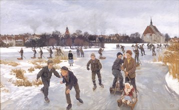 Children skating outside Fåborg, 1901. Creator: Peter Hansen.