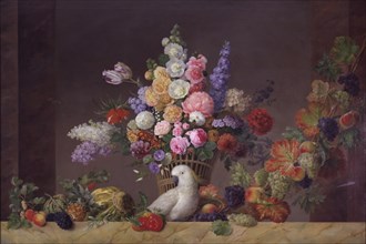 A basket of flowers, a cockatoo and a fruit vine, 1829. Creator: Johannes Ludvig Camradt.