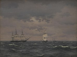 A Frigate Reefing Sails in a Freshening Wind and some other Ships, 1836. Creator: CW Eckersberg.