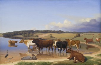 A hot Summer's afternoon; a herd of cattle has sought refuge in the Kölige lake, 1846. Creator: Jorgen Sonne.