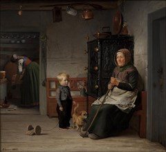 A poor woman waiting for a mug of beer in a farmhouse, 1852. Creator: Julius Exner.