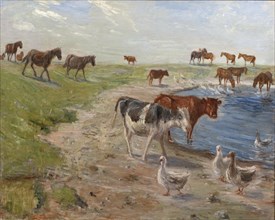 Calves and Geese at a Wateringhole on the Island of Saltholm, 1911. Creator: Theodor Esbern Philipsen.