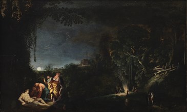 Moonlight landscape with the Good Samaritan, 1623-1626. Creator: Moses van Wtenbrouck.