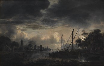River Landscape in Moonlight;Moonlit View of Canal, 1643-1646. Creator: Aert van der Neer.