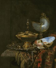 Pronk Still Life with Holbein Bowl, Nautilus Cup, Glass Goblet and Fruit Dish, 1678. Creator: Willem Kalf.