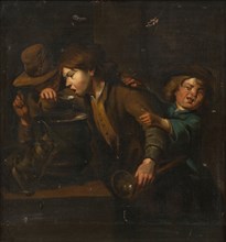 Boys eating gruel, 1741-1782. Creator: Peter Cramer.
