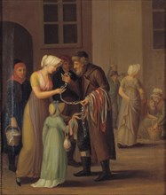 Street scene in Copenhagen, young woman buying lace from a Jewish trader, 1798-1802. Creator: Unknown.