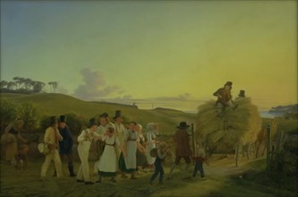 Farmworkers going home from the fields with the last load of grain, 1830-1882. Creator: Hans Jorgen Hammer.