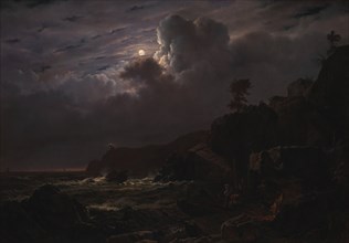 View of Kullen in Sweden, Smugglers Hiding their Goods among the Rocks, Moonlight, 1834. Creator: Louis Gurlitt.