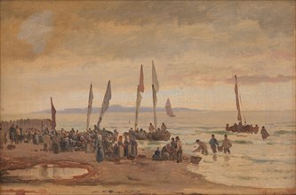 Returning fishermen are received at Hornbæk Strand, 1848-1891. Creator: Carl Neumann.
