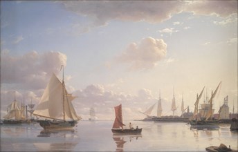 View from Langelinie towards the Royal naval Dockyards at Nyholm, Copenhagen, Morning Light, 1850. Creator: Emanuel Larsen.