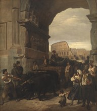 Roman Workmen Transporting an Antique Imperial Statue from the Colosseum through the..., 1866-1867. Creator: Ludvig Abelin Schou.