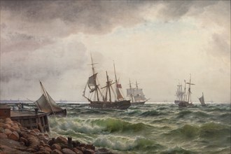 Ships under land after a storm, 1867. Creator: Carl Neumann.