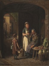 A maid shows her lover's portrait to a vegetable-seller, 1880. Creator: David Monies.