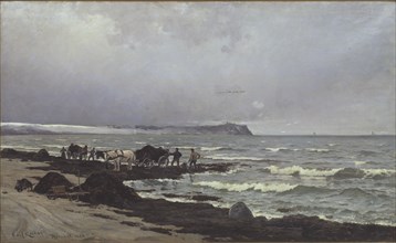 Loading seaweed on the beach at Hornbæk, 1882. Creator: Carl Ludvig Locher.
