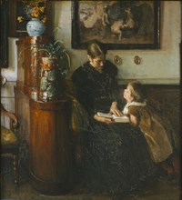 The artist's wife and child reading, 1893. Creator: Viggo Johansen.