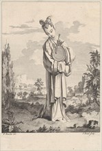 Chinoiserie with a woman playing a gong, from Suite de Figures Chinoises. . .Tiré du Ca..., 1755-76. Creator: Jean-Pierre Houel.