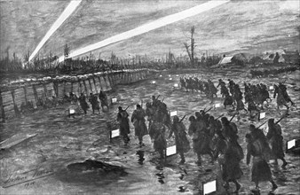 'Sur le front Britannique; Devant Neuve-Chapelle: le rassemblement nocturne de l'infanterie', 1915 Creator: Frederick Villiers.