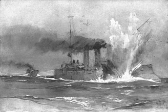 ''Dans la Baltique; Le croiseur allemand "Bremen" torpille par un navire anglais'. Creator: Unknown.