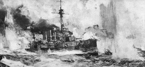 'La bataille navale du Jutland; Au fort du combat: le croiseur anglais Warrior... 1916 (1924) Creator: Charles Dixon.