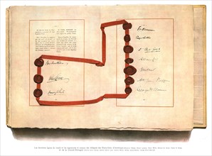 'La signature du traite de paix a Versailles; les dernieres lignes du traite et les..., 1919. Creator: Unknown.