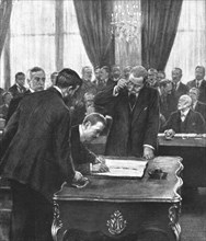'La Derniere signature allemande; M von Lersner signant pour l'allemagne, apres..., 1920. Creator: Unknown.