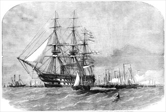 H.M.S. "Colossus", with the Gun-Boat Flotilla, leaving the Motherbank for Portland, 1856.  Creator: Smyth.