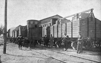 'Les evenements de Grece; Wagons de materiel militaire saisis a Athenes, dans la gare de..., 1916. Creator: S. Leonce.