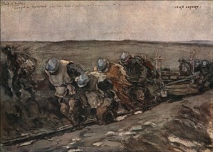 'Sur le front d'artois (fevrier 1916); Transporte de materiaux pour tranchees', 1916. Creator: Jean Lefort.