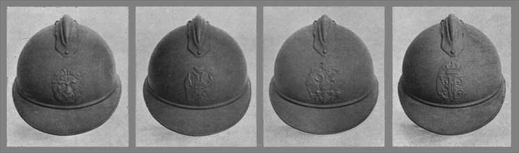 'Les casques fabriques par la France pour les armees: de gauche a droite, casques..., 1916. Creator: Unknown.
