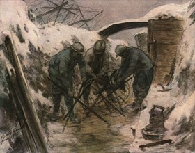 'Trois aquarelles du front; construction de reseaux barbeles dans une tranchee..., 1916. Creator: Douy Pascault.