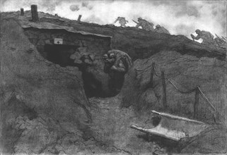 'Le poste de secours; un brancardier apporte sur son dos un blesse, tandis que des..., 1916. Creator: Georges Leroux.
