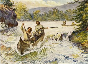 'Canadians Shooting Rapids in Canoes', 1911. Creator: Unknown.