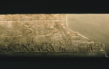Sumerian reed house. Detail of the Uruk Trough, 3300-3000 BC. Creator: Sumerian culture.