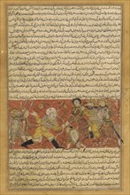 Sassanid general Wahrez killing the Ethiopian Aksumite king Masruq ibn Abraha. From Tarikhnama by Ba Creator: Anonymous.