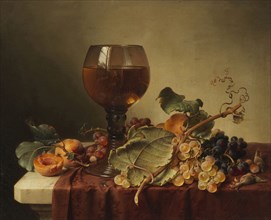 Still life with a self-portrait in a wine glass and fruit, 1861. Creator: Preyer, Johann Wilhelm (1803-1889).